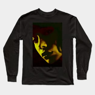 Beautiful girl face in dark lighting. Yellow green light, red tones. Dark and beautiful. Long Sleeve T-Shirt